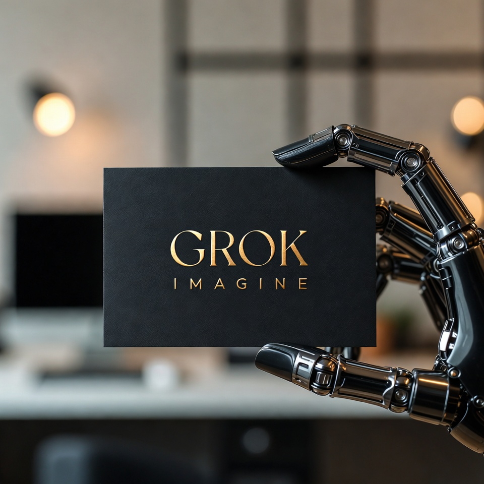 A sleek, high-end black matte business card held by a robotic hand. The card has GROK IMAGINE embossed in elegant gold foil typography. The background is a minimalist design studio, soft b