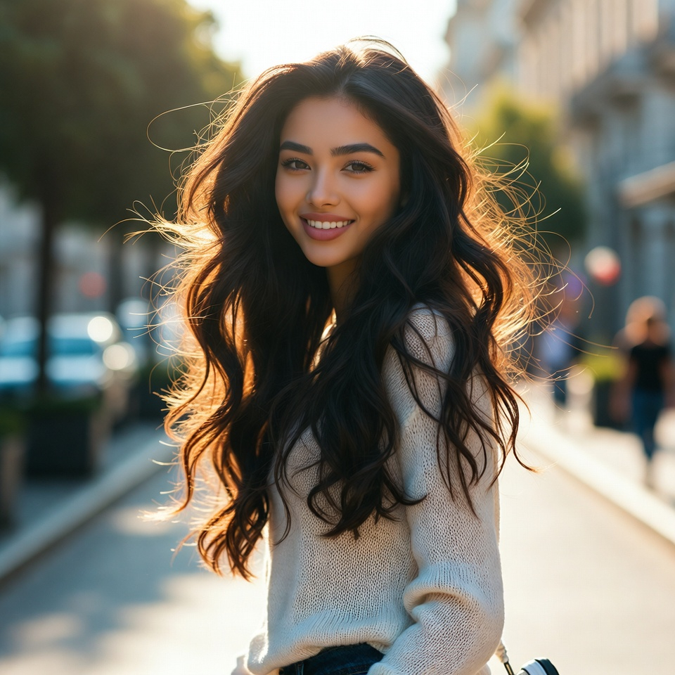 Cinematic lifestyle portrait of a gorgeous young woman with long wavy dark brown hair, perfect skin, elegant features and warm smile, walking gracefully on a sunny city sidewalk, wearing