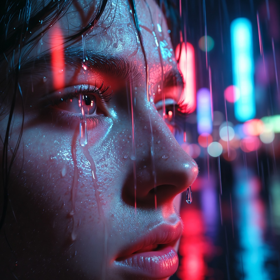 Prompt A raw, hyper-realistic close-up portrait of a cyberpunk wanderer in the rain. Tiny raindrops on eyelashes, detailed skin pores, neon city lights reflecting in the wet skin. Shot on