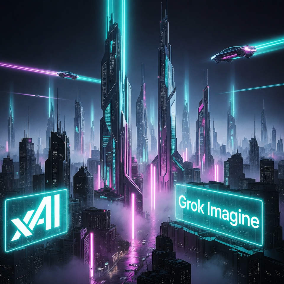 Photorealistic futuristic megacity skyline at night, towering skyscrapers with glowing cyan and magenta xAI and Grok Imagine holographic neon signs, flying cars leaving light trails, volum