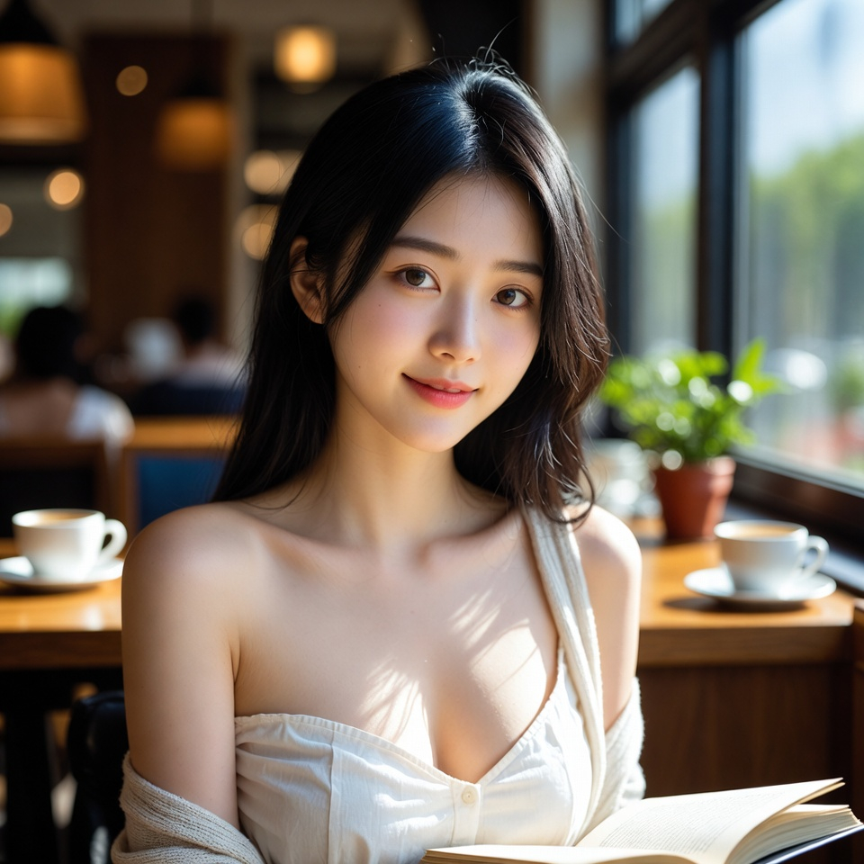 Hyper-realistic 8K photograph of a stunning young East Asian beauty with long straight black hair, flawless symmetrical face, delicate features and soft captivating eyes, sitting relaxed
